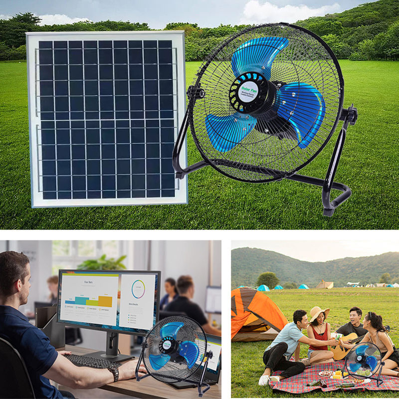 Kipas Sistem Penerangan Rumah Tenaga Surya 15W Dengan Meja 12 Kecepatan 12 Inci Dapat Diisi Ulang Dengan Panel